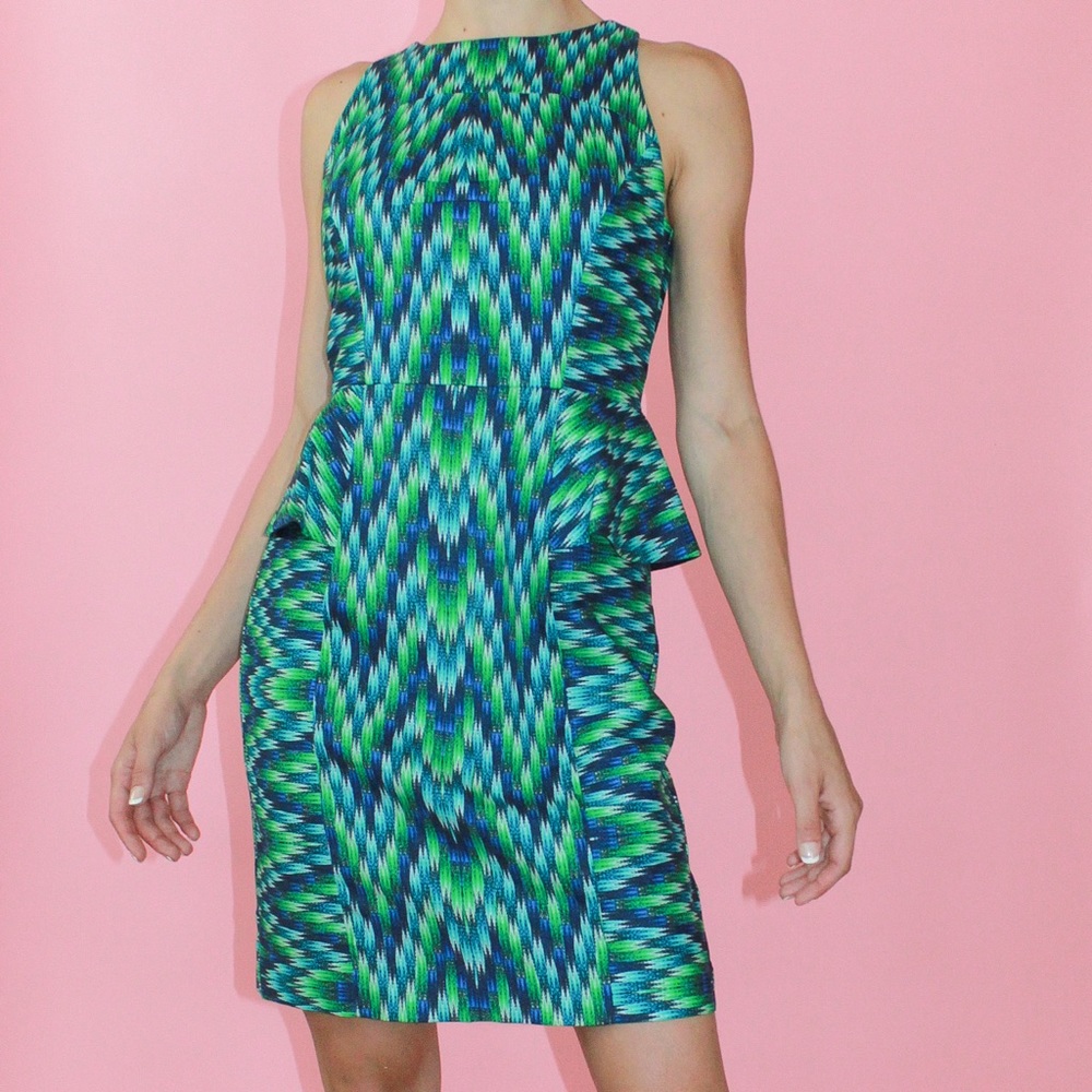 MILLY Green/Blue Geometric Sleeveless Peplum Sheath Dress - US 4